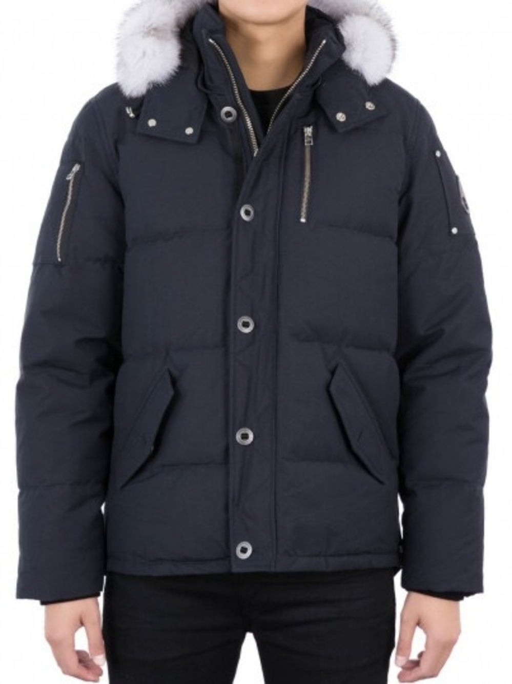 Moose Knuckles Navy Puffer Jacket with Fur-Trim Hood